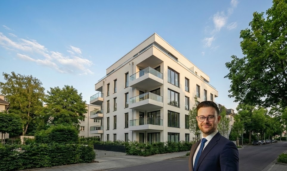 Niklas vor einem modernen Wohngebäude - Grundwerte Investment